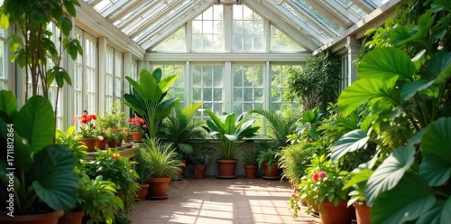 Fototapeta Naklejka Na Ścianę i Meble -  Sun-drenched conservatory brimming with lush, thriving plants Ideal for gardening, home improvement, and lifestyle imagery Shows off vibrant foliage and natural light , interior, sun, thriving