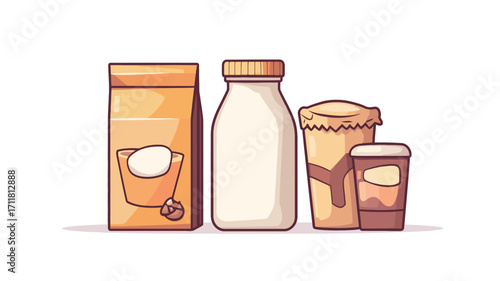 A digital illustration depicting various coffee and milk packaging.  The illustration features a standing pouch bag seemingly containing coffee powder, a glass milk bottle, a paper cup with a lid,