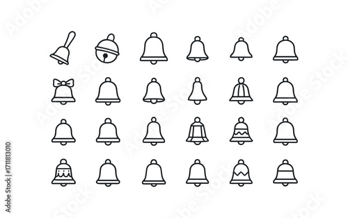 vector outline icons Bells (Types) hand bell sleigh bell church bell small bell big bell red bell green bell gold bell silver bell bronze bell brass bell iron bell clay bell glass bell.