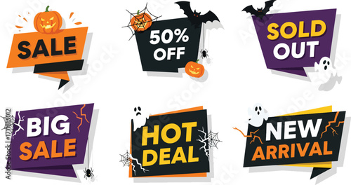 Collection of six Halloween-themed sale and promotional graphic banners featuring pumpkins, bats, ghosts, and text indicating discounts, sold out status, big...