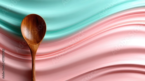 A beautifully crafted wooden spoon rests atop a vibrant and artistic wave of pink and teal colors, highlighting the blend of practicality and creativity in design.