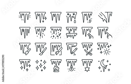vector outline icons Icicles (Scenes) icicle glowing icicle shining icicle dripping icicle freezing icicle breaking icicle falling icicle forming icicle hanging icicle scattering icicle.