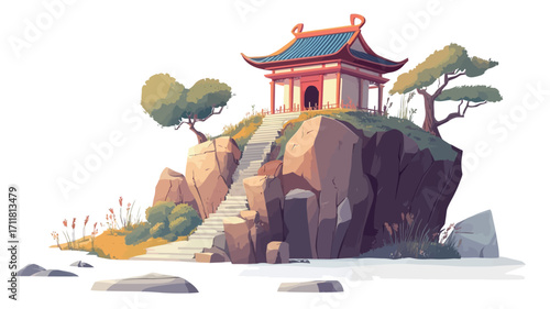 A digital illustration depicts a stylized Asian-style temple perched atop a rocky cliff. The temple is rendered in a cartoonish style with bright, flat colors.  The cliff is a muted brown and tan