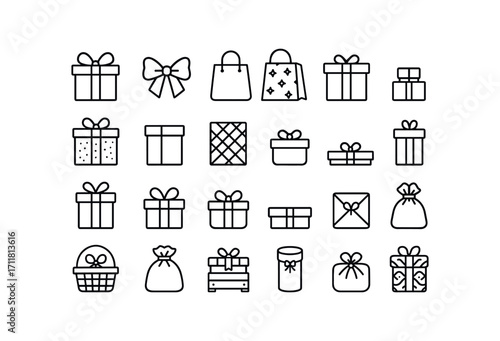 vector outline icons Gifts (Packaging) wrapped box ribbon bow gift bag shiny wrap matte wrap glitter wrap foil wrap fabric wrap patterned wrap plain wrap stacked gifts tiny box big box.