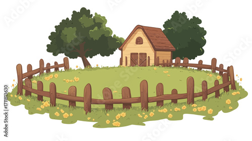 A digital illustration depicting a small, yellow farmhouse with a brown roof nestled within a circular green meadow enclosed by a simple wooden fence. Two lush green trees are situated on either