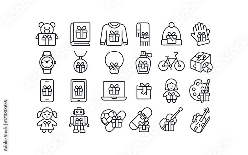 vector outline icons Gifts (Types) toy gift book gift sweater gift scarf gift hat gift gloves gift socks gift watch gift necklace gift bracelet gift perfume gift headphones gift phone gift.