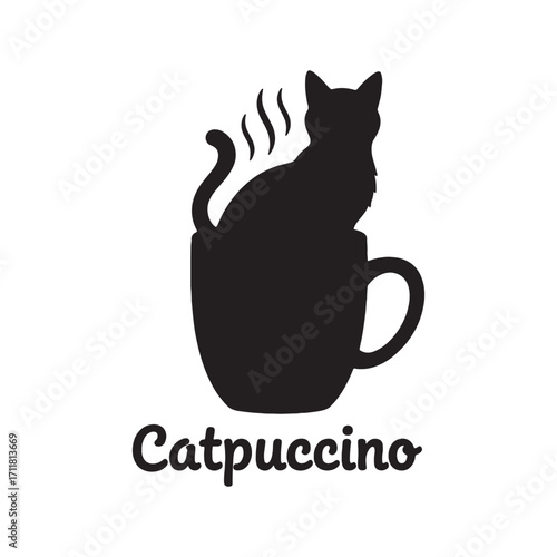 Playful black cat silhouette steaming in a coffee mug named catpuccino