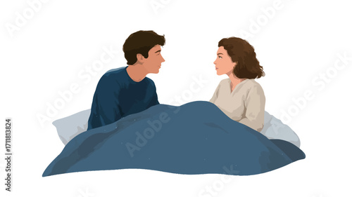 A digital illustration depicts a young man and woman sitting up in bed under a blue blanket, facing each other and appearing to be engaged in conversation.  The style is simple and flat, 
