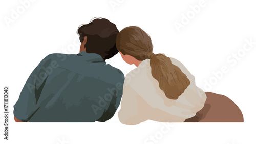 A digital illustration depicting the backs of a man and a woman lying down, heads touching. The style is minimalist and flat, with muted pastel tones. The woman has long brown hair in a ponytail,