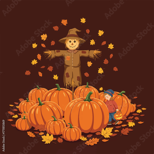 A vibrant 2D flat vector illustration captures a joyful child picking a pumpkin in an autumn patch, with a friendly scarecrow, large orange pumpkins, and scattered fall leaves.