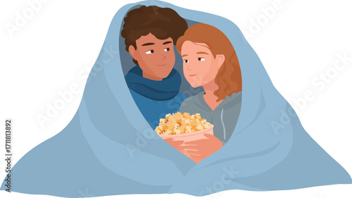 A digital illustration depicts a young man and woman snuggled under a light blue blanket, sharing a bowl of popcorn. The style is simple and cartoonish, with flat colors and minimal detail. 