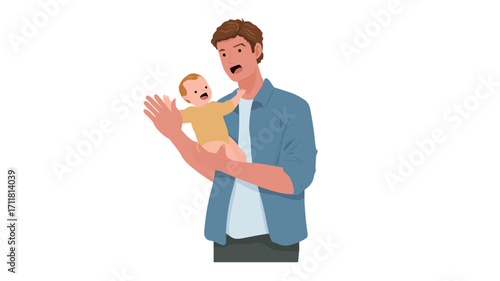 A digital illustration depicting a man holding a baby. The style is cartoonish vector art with clean lines and flat colors. The man has short brown hair and is wearing a light blue shirt. 