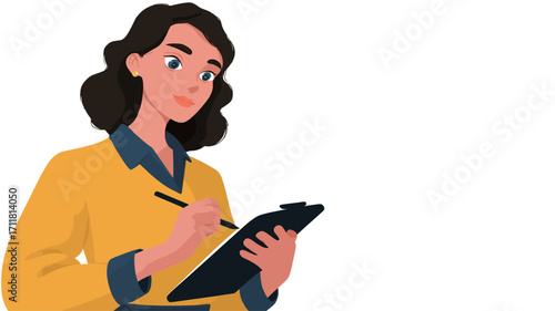 A vector illustration of a young woman with dark brown hair, wearing a yellow blouse. She is holding a black clipboard and pen, appearing to be taking notes or writing. The style is cartoon-like