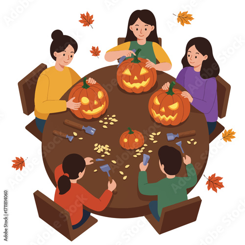 Mother, father, and child joyfully carve spooky and cheerful faces into pumpkins, a festive autumn family activity captured in a vibrant 2D flat vector illustration.