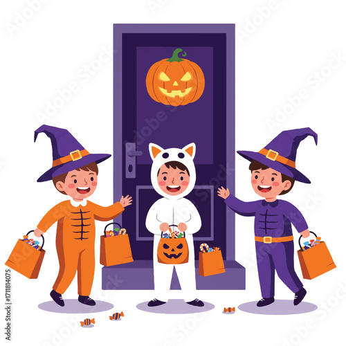 Joyful ghost, witch, and superhero children in festive costumes happily trick-or-treating at a doorstep with a glowing jack-o'-lantern, a delightful 2D flat vector illustration.