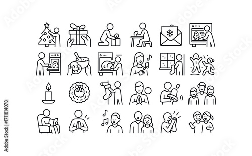 vector outline icons Christmas Traditions (Home) tree decorating gift wrapping gift opening card writing card sending cookie baking cake baking pudding making turkey roasting ham glazing.