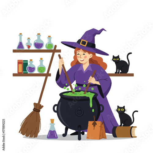 Friendly witch stirs a bubbling green potion in a large cauldron, mysterious bottles and a curious black cat nearby, in a spooky, inviting flat 2D vector illustration.