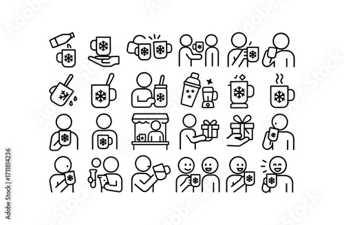 vector outline icons Christmas Drinks (Scenes) drink pouring drink serving drink clinking drink sharing drink toasting drink sipping drink spilling drink mixing drink stirring drink shaking.