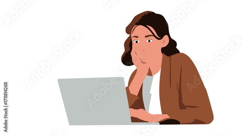 A digital illustration depicts a young woman with shoulder-length brown hair, wearing a brown cardigan, sitting in front of a grey laptop.  Her expression is thoughtful and pensive
