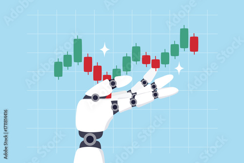 Robot trade high frequency trading in stock market, crypto or forex, algorithm trade, AI artificial intelligence, buy sell transaction, robot hand holding investment candle stick graph as trader.