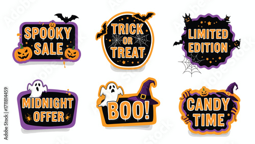 A collection of six festive Halloween-themed sale and offer badges featuring pumpkins, ghosts, bats, and witch hats with text like "Spooky Sale," "Trick or T...