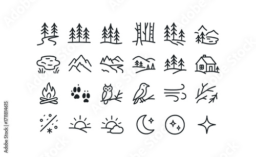 vector outline icons Winter Forest (Scenes) pine trail fir grove spruce stand birch line snow path ice creek pond rocky ridge valley fog hill view ridge view cabin light camp fire deer.