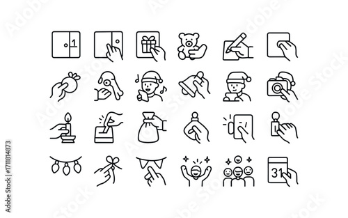 vector outline icons Advent Calendar (Scenes) day opening door closing gift hiding note placing treat placing toy placing clue writing clue reading candle lighting song singing bell ringing.