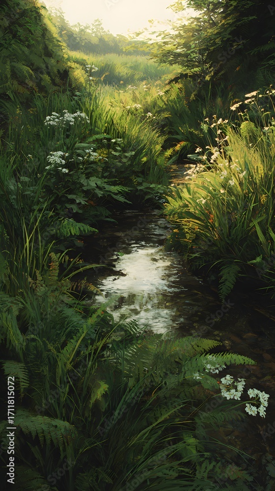 Fototapeta premium Lush Riverbank with Ferns and Flowers Vertical Illustration