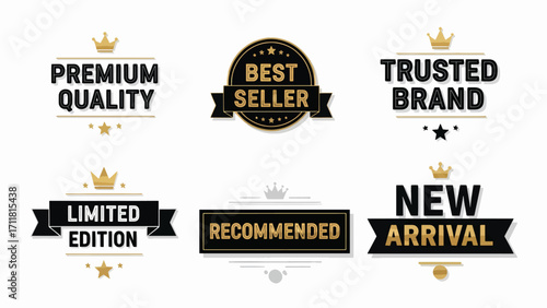 A collection of six distinct graphic badges and emblems signifying quality, popularity, and newness for products and brands.