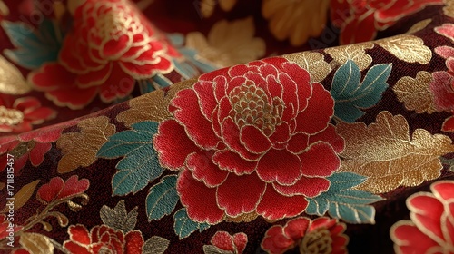 Detailed embroidery on red fabric shows floral designs and gold leaves, demonstrating textile art and handmade craftsmanship