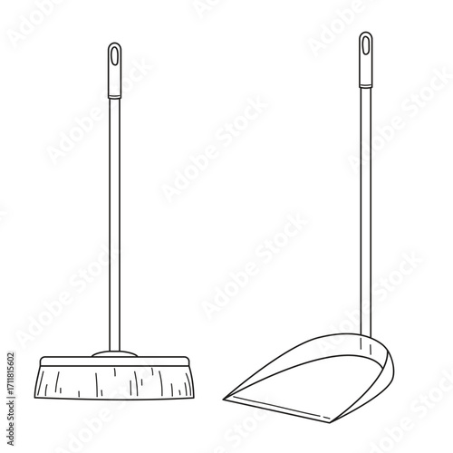 Broom and dustpan. Doodle vector illustration isolated on white background