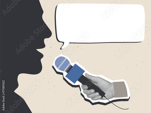 Microphone and silhouette of a talking man with an empty speech bubble. Interview with a reporter. Modern collage style. Vector illustration
