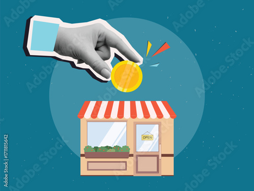 Black and white hand puts golden coin into a small building - local cafe or shop. Modern collage style. Vector illustration