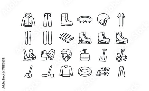 vector outline icons Winter Clothes (Outdoor) ski jacket snow pants snow boots ski goggles snowboard helmet ski poles skis pair snowboard deck sled wood sled plastic ice skates hockey.
