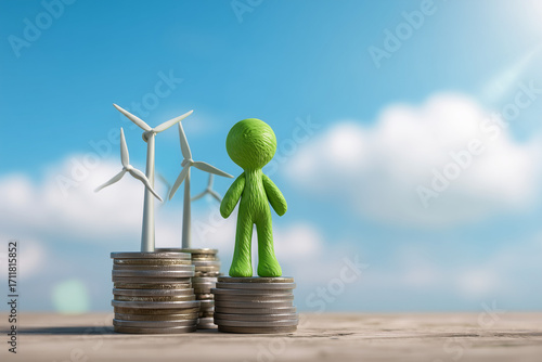 16. Green figure standing on coins with wind turbines, concept of renewable energy and sustainable finance
