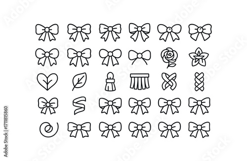 vector outline icons Ribbons (Types) single bow double bow triple bow mini bow jumbo bow flat bow puffy bow tail bow loop bow knot bow ribbon rose ribbon star ribbon heart ribbon leaf.
