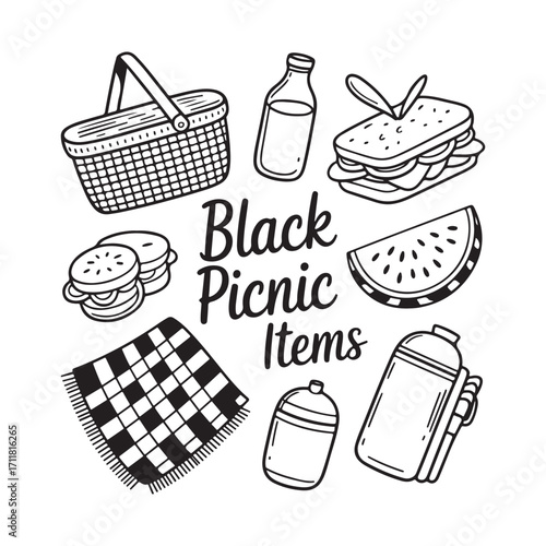 Black Picnic Items Vector Illustration