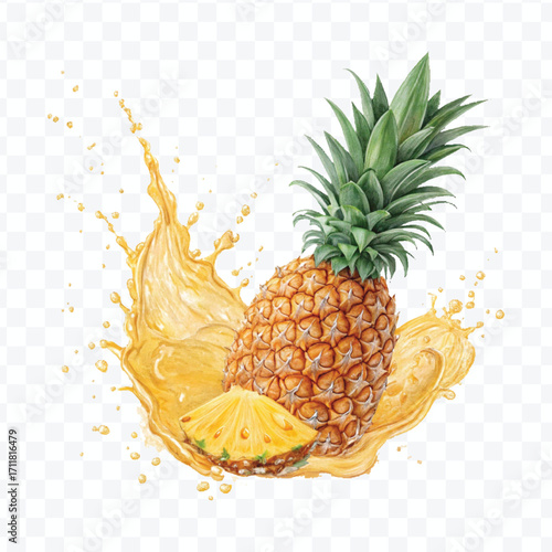 realistic fresh pineapple fruit with juice splash in different style isolated on transparent background