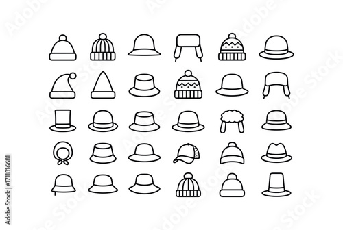 vector outline icons Hats (Types) wool hat knit hat felt hat fur hat leather hat cap hat red hat green hat white hat striped hat patterned hat plain hat tall hat short hat wide hat slim hat.