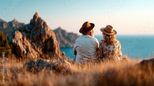 A serene image of a couple sitting in a field, gazing at a stunning landscape during sunset, showcasing togetherness and the beauty of nature.
