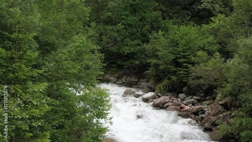 Wallpaper Mural Crystal clear water and picturesque forests captured in 4K. Drone flight, mountain river. Clear stream running through stone boulders Abundant river flowing on stone bottom in slow motion. Torontodigital.ca