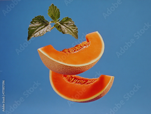 Fresh melon slices floating against a bright blue background with mint leaves adding a pop of color and freshness