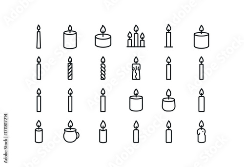 vector outline icons Candles (Types) taper candle pillar candle votive candle tea light advent candle scented candle plain candle twisted candle spiral candle carved candle tall candle.