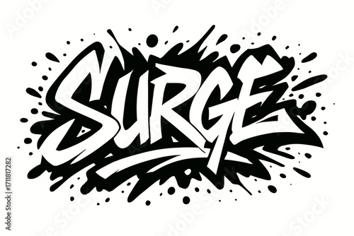 Surge graffiti style lettering dynamic strokes surrounded by splashes horizontal balanced layout clean white background vector look high contrast.
