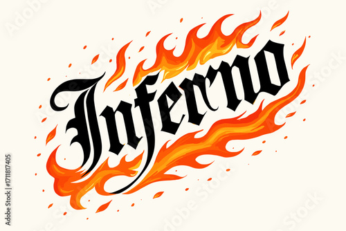 Inferno gothic calligraphy heavy dramatic swash surrounded by flame sparks diagonal decorative composition clean white background vector look high contrast.