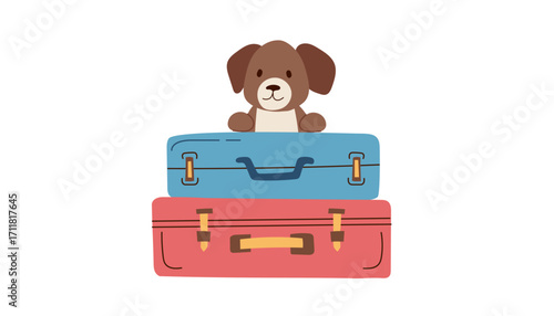 A dog with luggage. Concept of travel with pet. Illustration of puppy put its paws on the suitcase. Vector flat clipart.	
