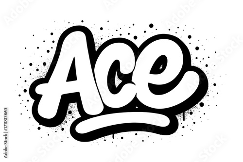 Ace graffiti lettering fat rounded strokes surrounded by spray droplets horizontal balanced layout clean white background vector look high contrast.