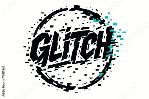 Glitch graffiti techno lettering broken bold strokes surrounded by pixel shards circular frame composition clean white background vector look high contrast.