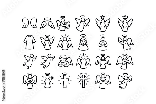 vector outline icons Christmas Angels (Symbols) angel wings angel halo angel harp angel trumpet angel star angel crown angel robe angel sash angel light angel glow angel angel pray angel.