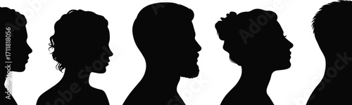 Human head silhouettes, male and female profiles, side view faces, black shadow illustration, people outline vector, hairstyle variety, isolated portrait design, profile diversity